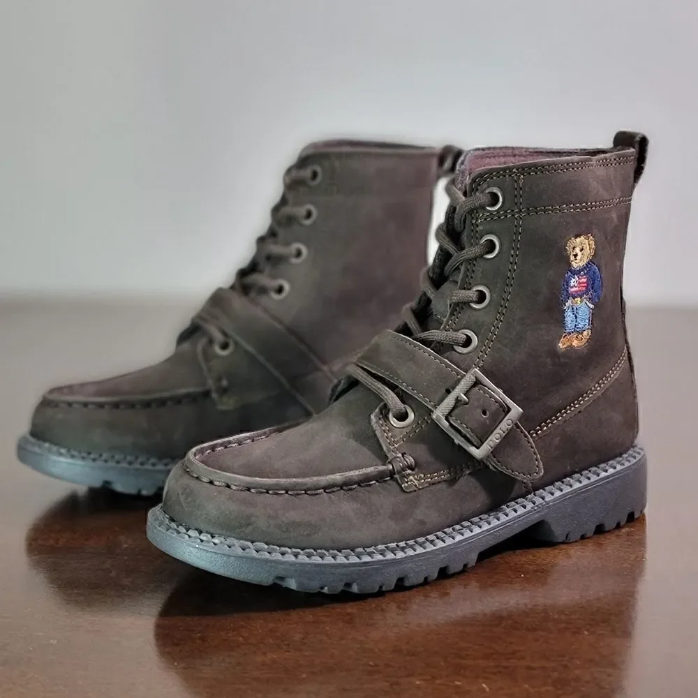 Polo Ralph Lauren Bear Leather Suede Brown Ranger Combat Boots Kids Sizes New